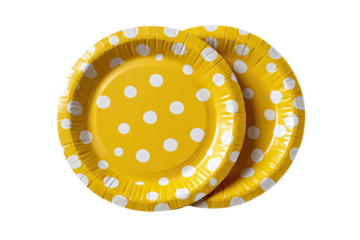 Two yellow paper plates, polka dot design