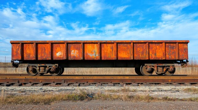 An old, rusted train car on a railway track, with a blue sky and some clouds in the background.