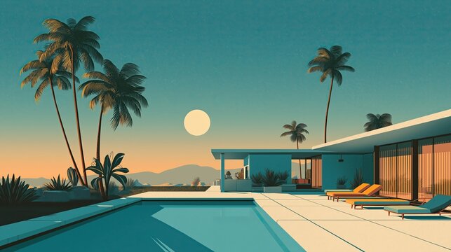 Mid-century modern hotel courtyard with swimming pool, retro flat illustration style, full moon night scene