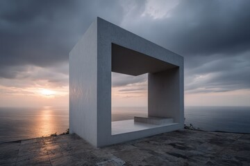 Fototapeta premium Minimalist Concrete Pavilion Overlooking Ocean Sunset