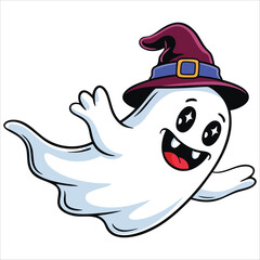 Flying smiling ghost in a cute vector style perfect for Halloween treats or tricks, kid friendly spooky decorations, and playful holiday designs.