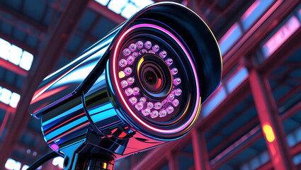 Modern surveillance camera with vibrant neon lighting details