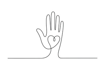 Obraz premium Minimalist One Line Hand with Heart Symbol Vector Illustration, Continuous Line Drawing
