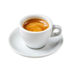 Fototapeta premium Freshly brewed espresso served in a white cup on a small saucer with rich crema visible on top