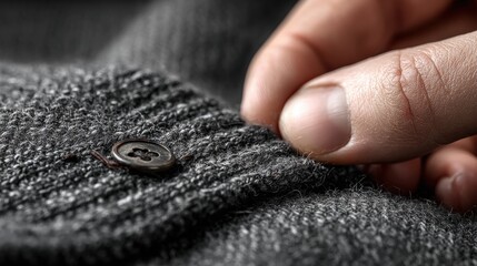 Hands meticulously hemming a cashmere coat cuff with matching thread on white background