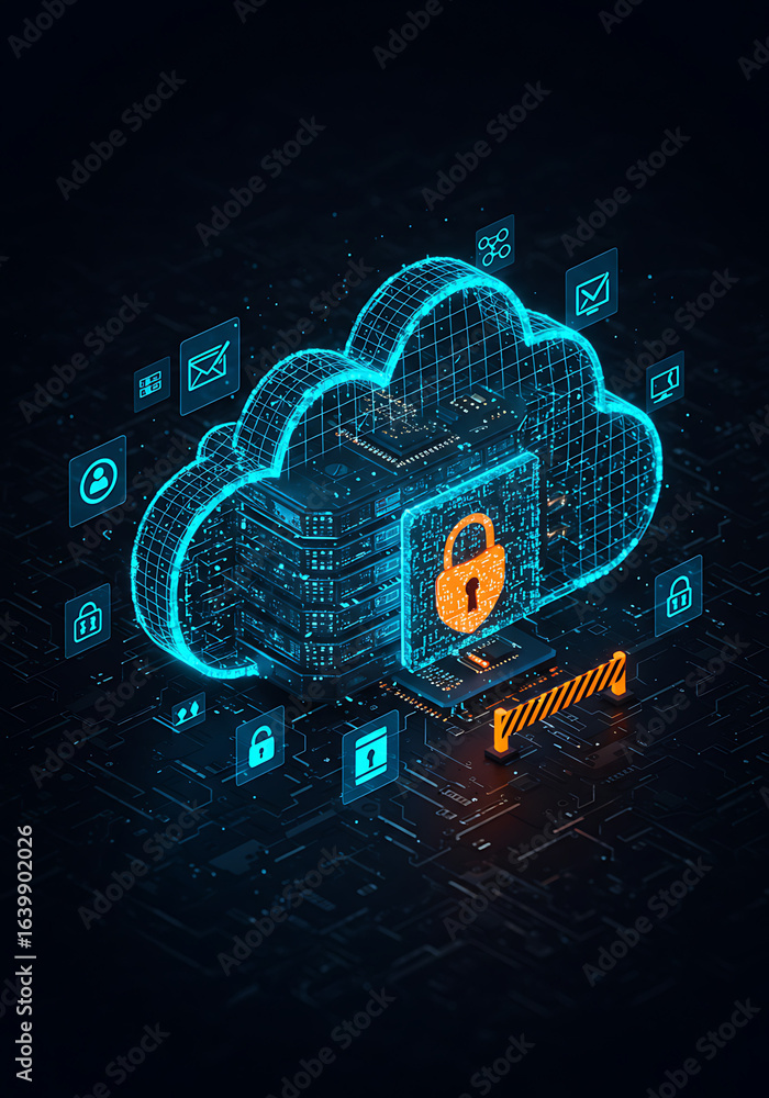 Poster secure digital realm: a vibrant digital depiction of a cloud data server, secured with a prominent p