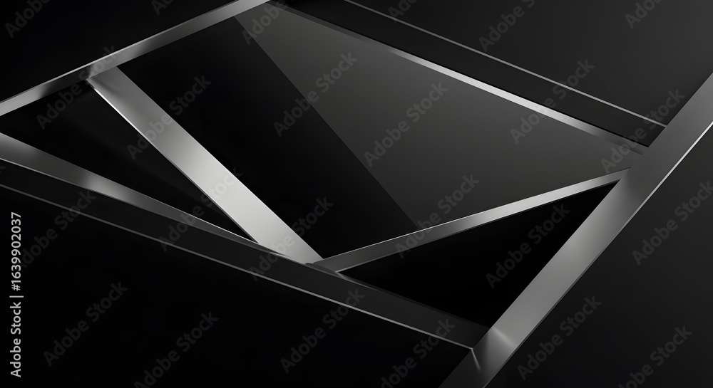 Poster abstract dark background with intersecting metal beams creating geometric shapes and patterns in gra