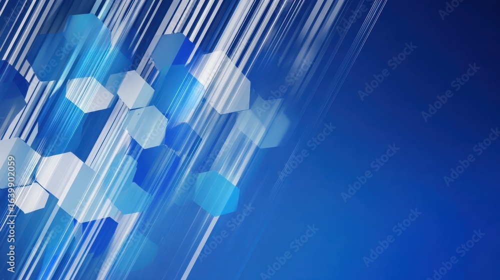 Poster abstract composition featuring overlapping geometrical figures creating a cool blue and white contem