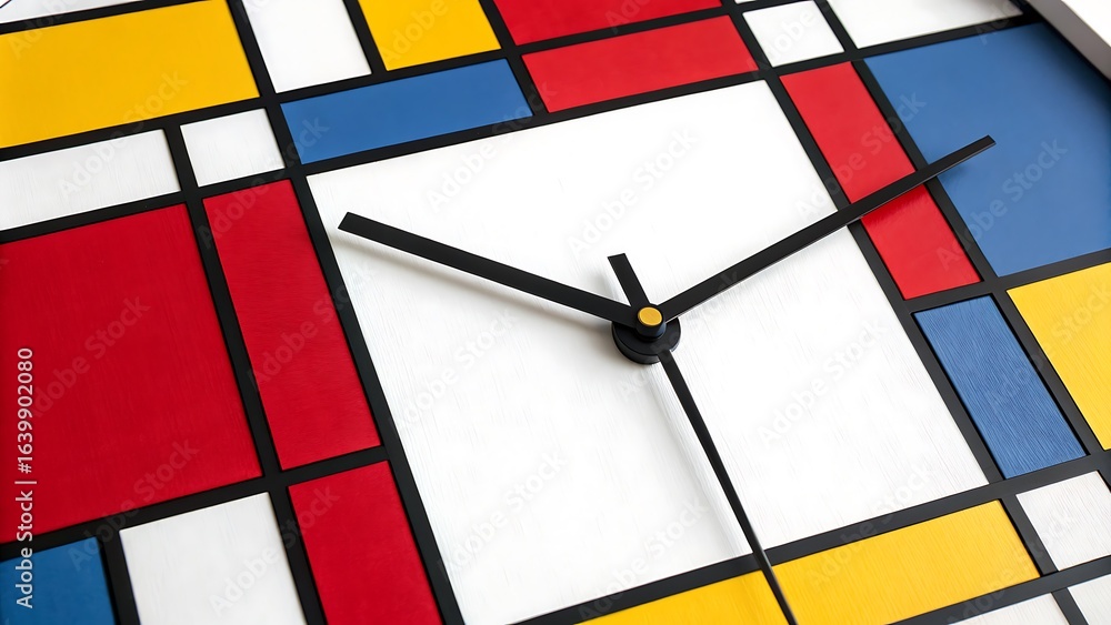 Poster abstract wall clock featuring geometric primary colors with modern design and black hands indicating
