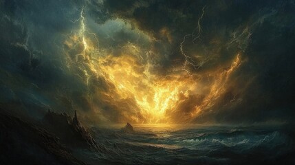 Naklejka premium Dramatic stormy sky above a turbulent ocean.