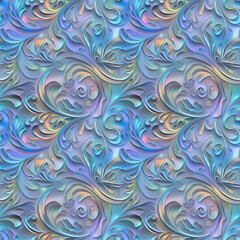 Obraz premium Pearlescent holographic seamless pattern with ornate swirling floral design