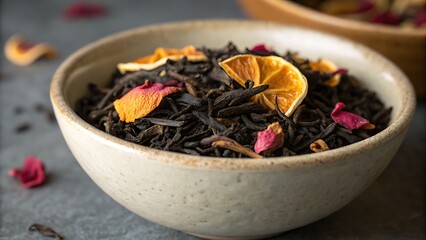 Aromatic Loose Leaf Blend: Black Tea with Citrus Peel and Delicate Floral Accents in a Ceramic Bowl.