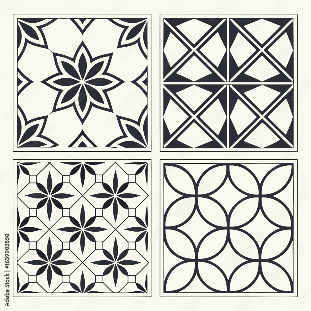 Poster set of four black and white geometric tile patterns for design projects