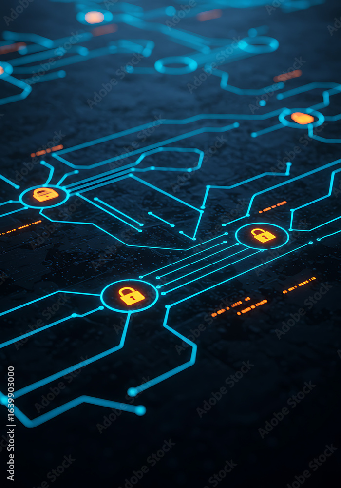 Poster digital network security: a digital illustration that depicts interconnected nodes and circuits, eac