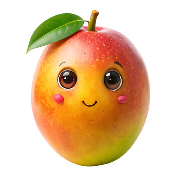Cute cartoon mango character with smiling face and green leaf on black background on transparent background