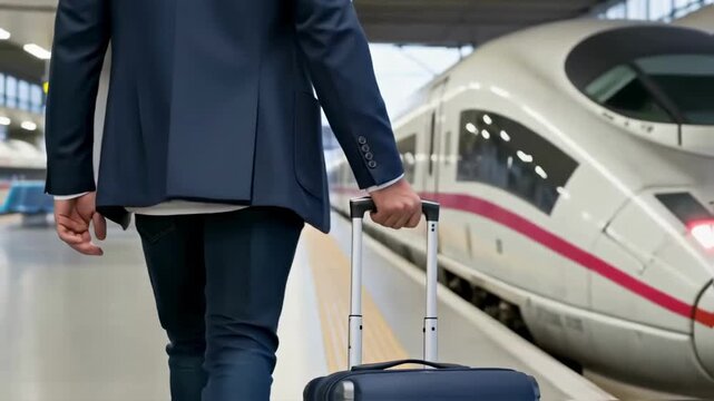 A businessman in a suit walks with a suitcase on a platform as a modern high-speed train arrives, a scene representing business travel and public transportation