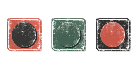 Three vintage-style, distressed square buttons with dark circles, in red, green, and red