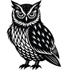 A charming brown cartoon owl with big eyes and a fluffy feather wing sits on a branch against a white background