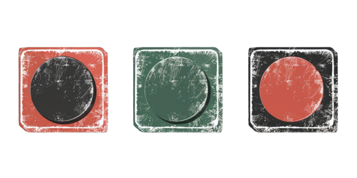 Three vintage-style, distressed square buttons with dark circles, in red, green, and red
