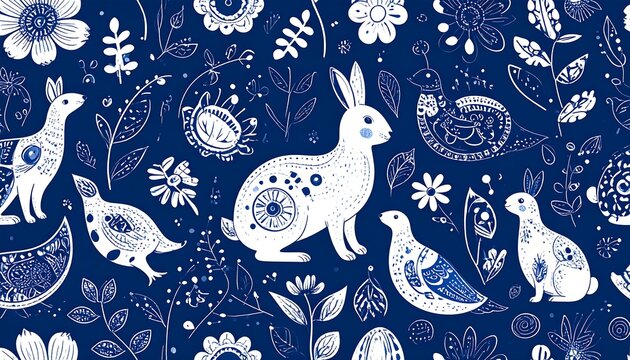 White animals and flowers pattern