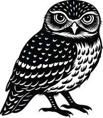 A wise cartoon owl with big eyes on a tree branch is a fun wildlife illustration with a cute brown feather design