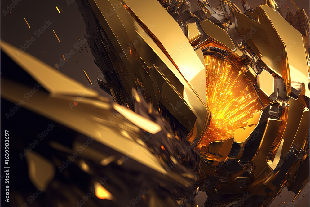Poster abstract 3d explosion with golden shards and glowing dynamic particles
