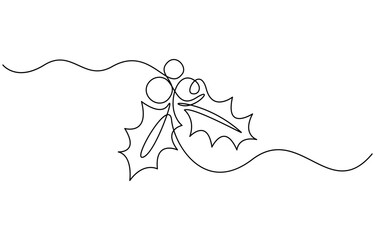 Holly berry leaves Continuous line hand-drawn. Christmas Hollyberry Vector illustration,  vector one line minimal illustration of a bunch of holly berries and leaves. 