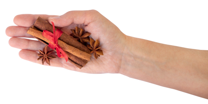 Female hand with holiday spices, close up PNG featuring cinnamon and anise for creative cards or food promotions. PNG