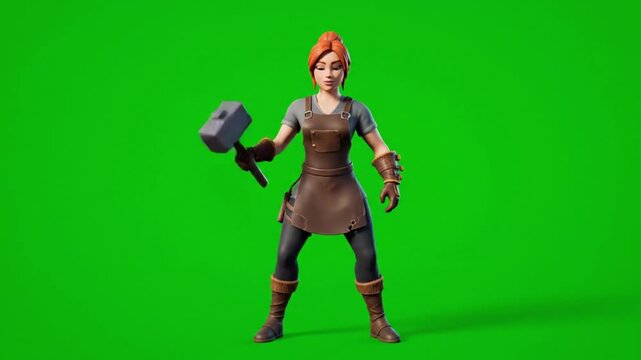 Female Blacksmith Game Character Appears and Poses with Hammer on Green Screen