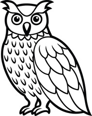 A wise brown owl with big eyes and detailed feathers perches on a branch in this cute wildlife cartoon illustration