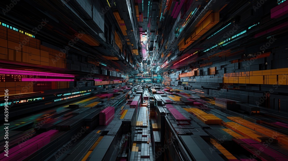 Poster futuristic digital corridor with glowing neon blocks and reflections in a virtual data city