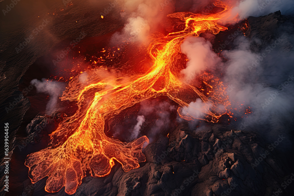 Sticker volcano eruption from a bird view. volcano crater and magma flow shot from above. genertated ai.