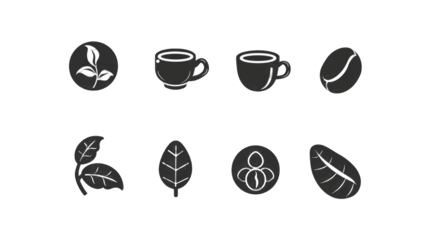 Simple, stylized icons of coffee bean, leaf, and cup