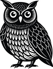 A whimsical cartoon owl with large eyes perched on a tree branch
