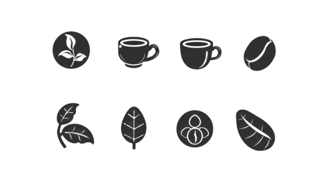Simple, stylized icons of coffee bean, leaf, and cup