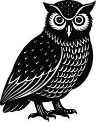 A wise brown owl with big eyes perched on a tree branch is a cute cartoon wildlife character design