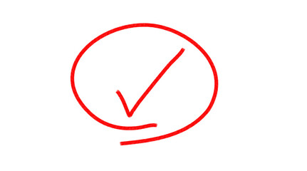 Red hand-drawn check mark inside circle for approval, confirmation, correct answer, and task...