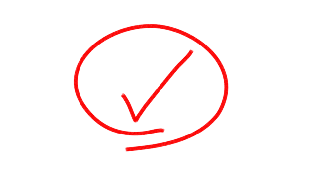 Red hand-drawn check mark inside circle for approval, confirmation, correct answer, and task completion symbol on transparent background