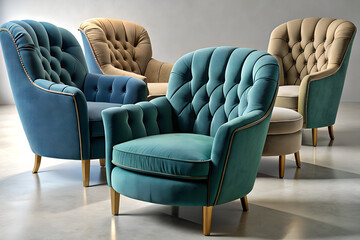 Obraz premium A collection of tufted armchairs in various colors arranged in a studio setting with a neutral background