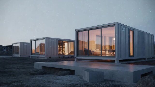 Modern modular container houses with large glass windows illuminated at dusk on open land with minimalistic architectural design

