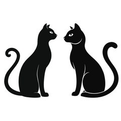 Two black cat silhouettes facing each other isolated on white background