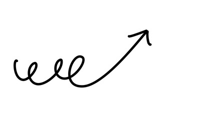 Black hand-drawn curly arrow sketch for creative direction indicators and decorative design accents on transparent background