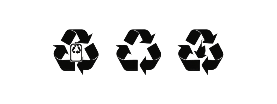 Three recycling symbols on a black background. Each symbol features a stylized recycling logo with an indistinct container shape within it