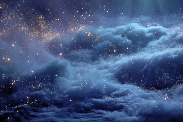 Dreamy flowing blue cloth with scattered gold stars and sparkling bokeh lights provides a celestial texture