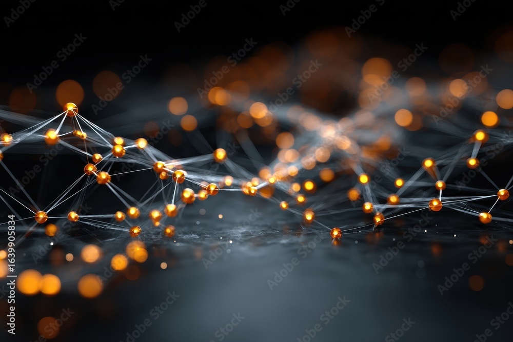 Poster geometric network on dark backdrop showing connection points with lines and bokeh effects