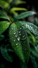 Close-Up of Raindrops on Lush Green Leaves &ndash; Nature&rsquo;s Freshness with Textured Foliage