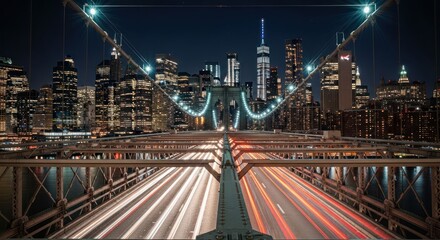 City skyline at night seen from a bridge with streaks of light