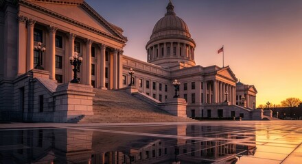 Domed capitol building at dusk, reflection on wet pavement; warm hues