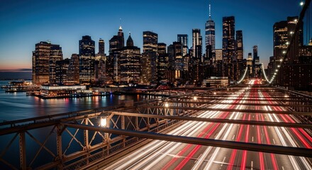 Obraz premium City skyline at night with long exposure bridge traffic lights