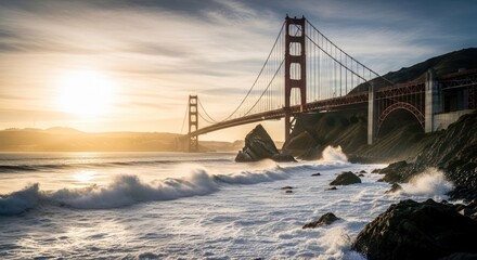Coastal view of a red suspension bridge spanning water against sunset light